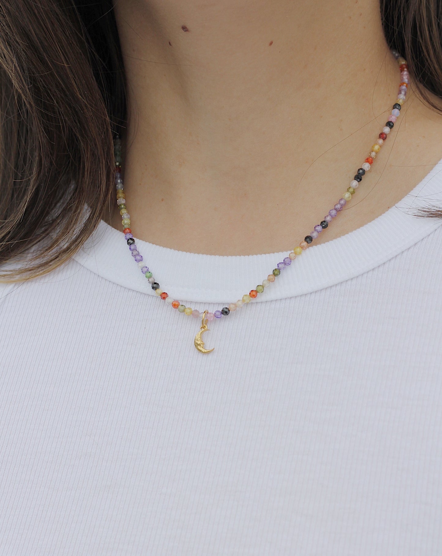 Load image into Gallery viewer, TINY MOON RAINBOW CRYSTAL NECKLACE
